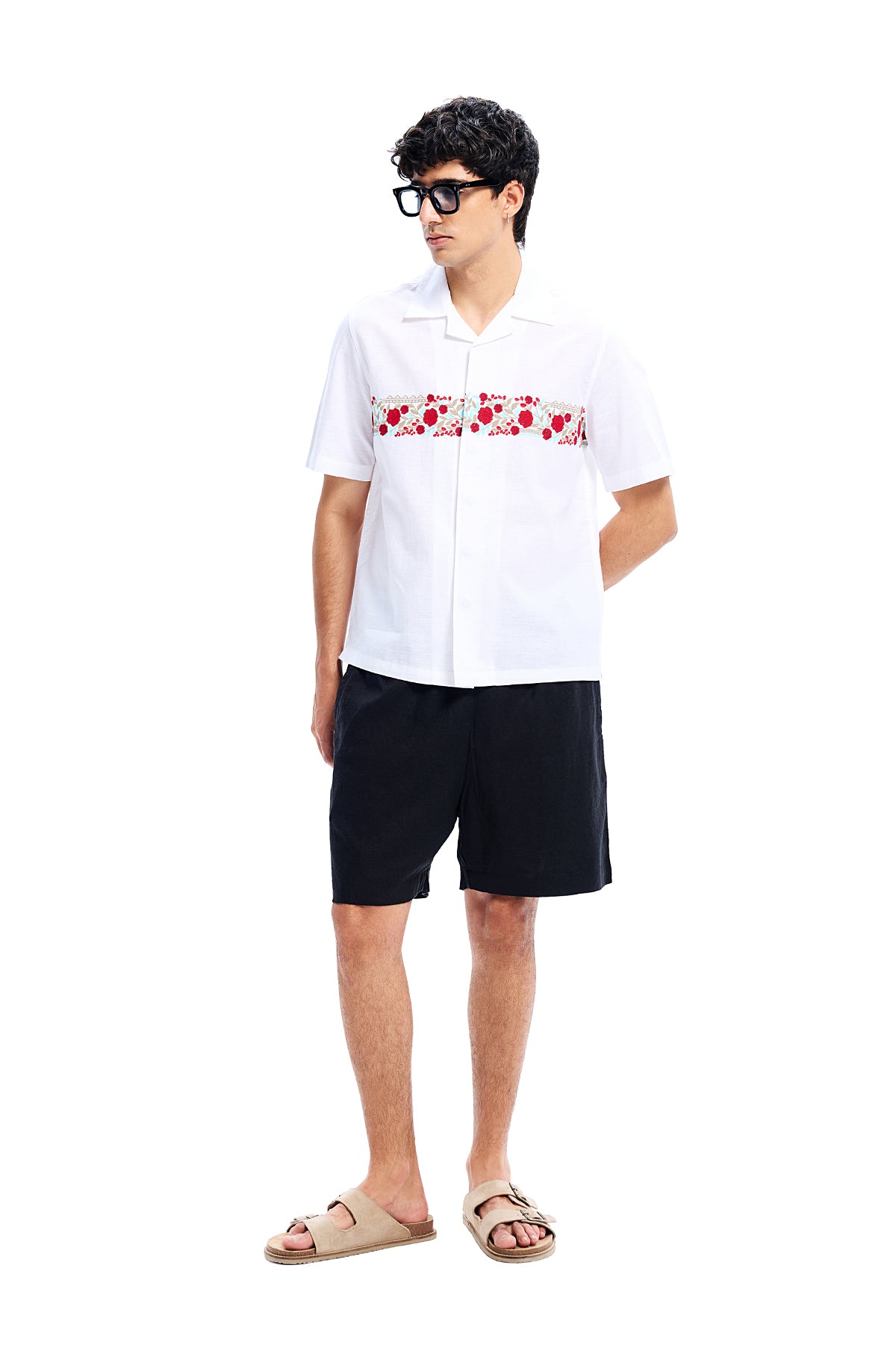 White Cotton Crimson Border Embroidery Shirt