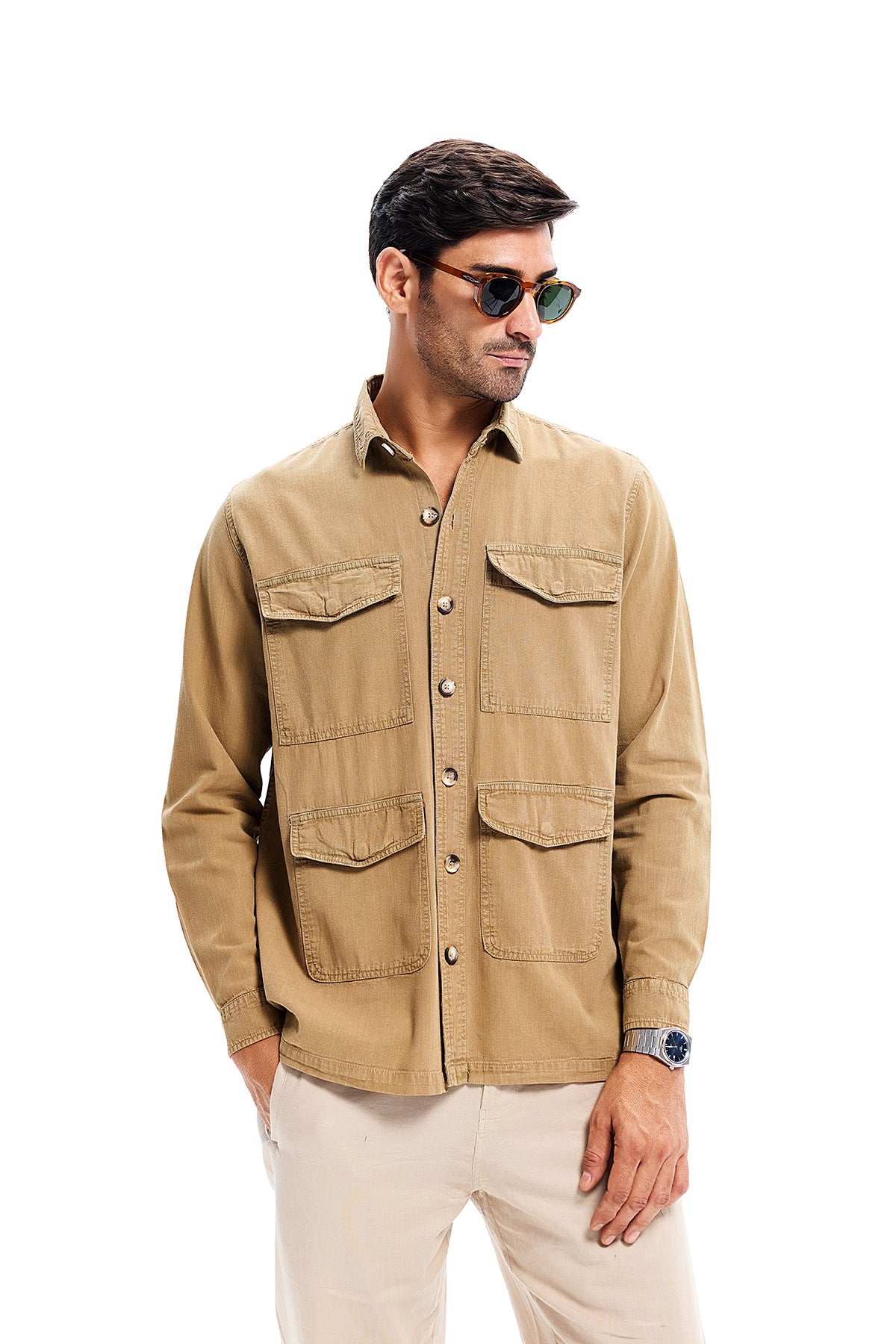 Beige Lightweight Overdyed  Denim Safari Shirt