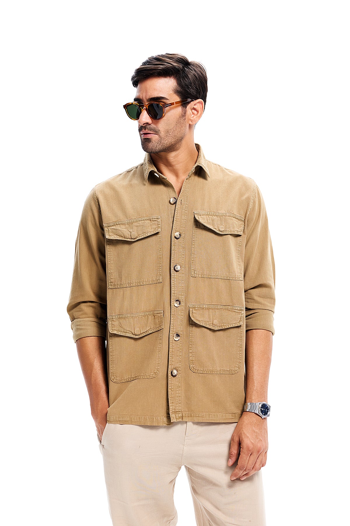 Beige Lightweight Overdyed  Denim Safari Shirt
