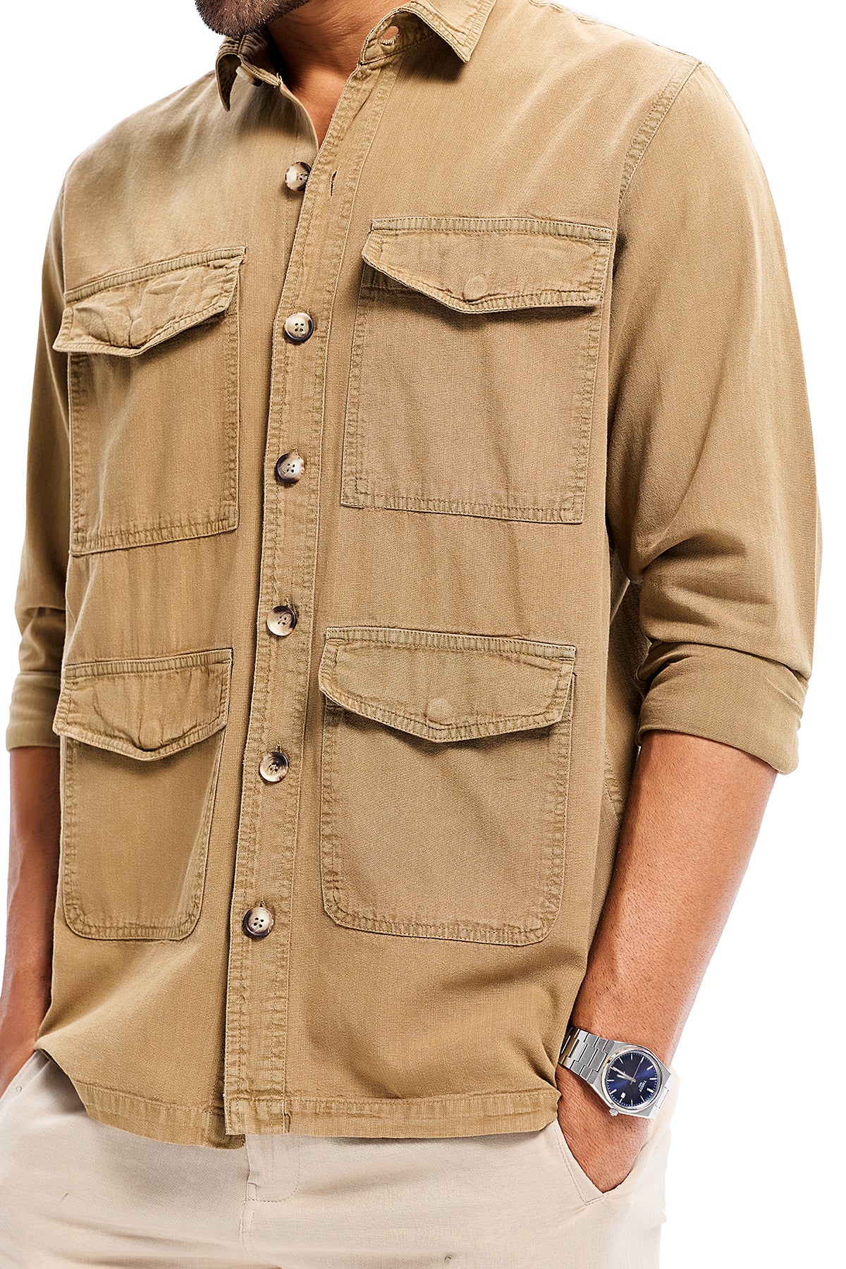 Beige Lightweight Overdyed  Denim Safari Shirt