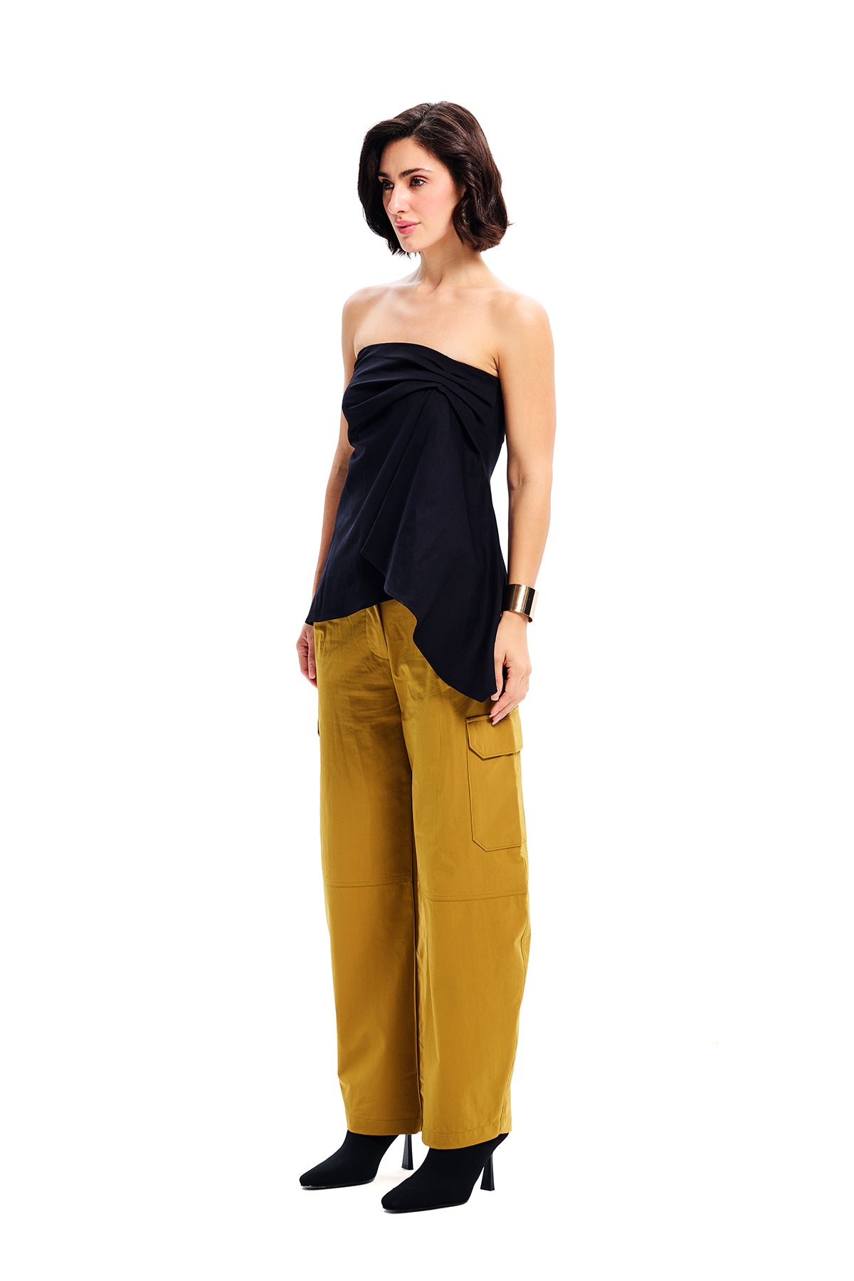 Black Cotton Bandeau Draped Top