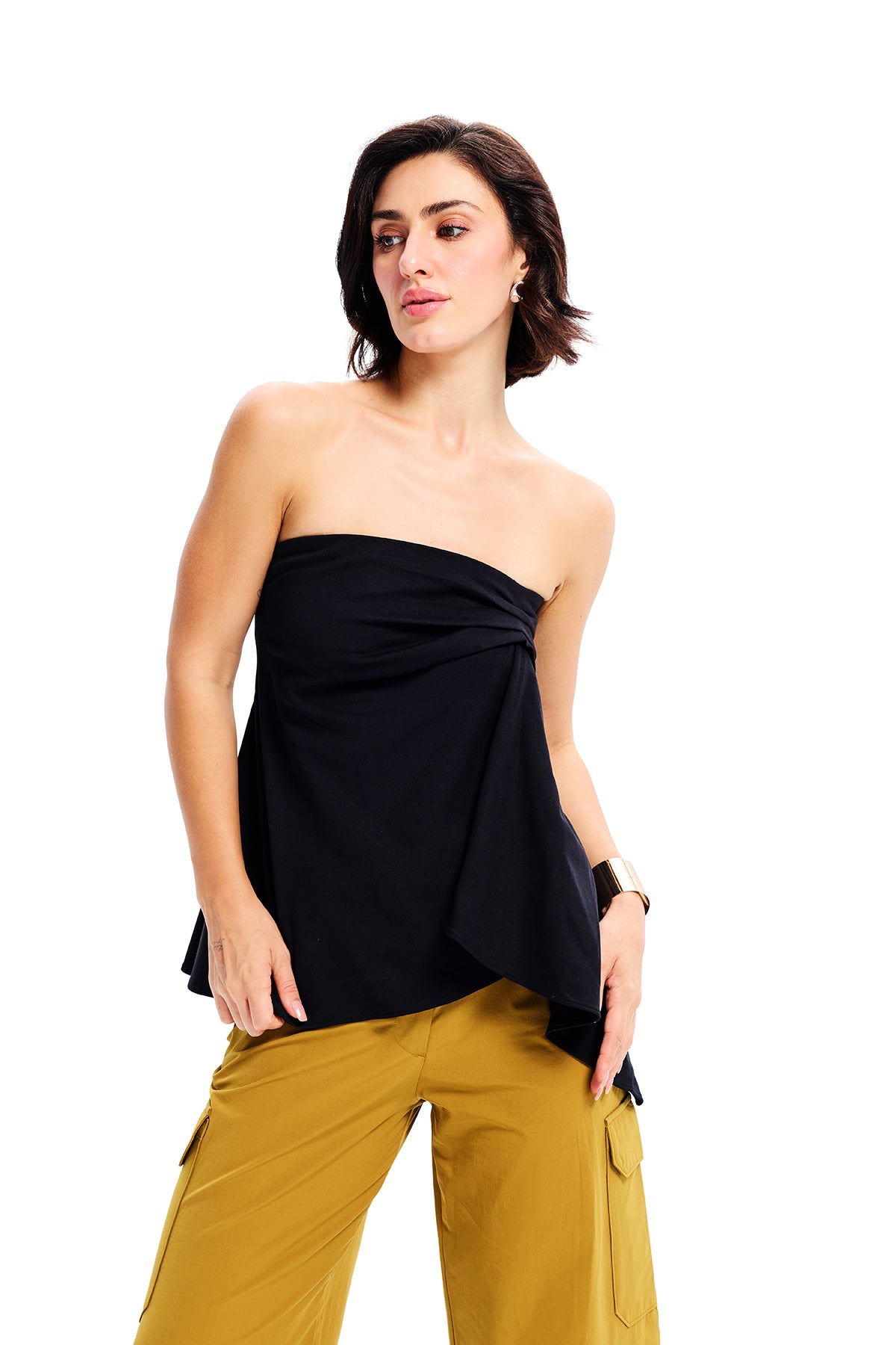 Black Cotton Bandeau Draped Top