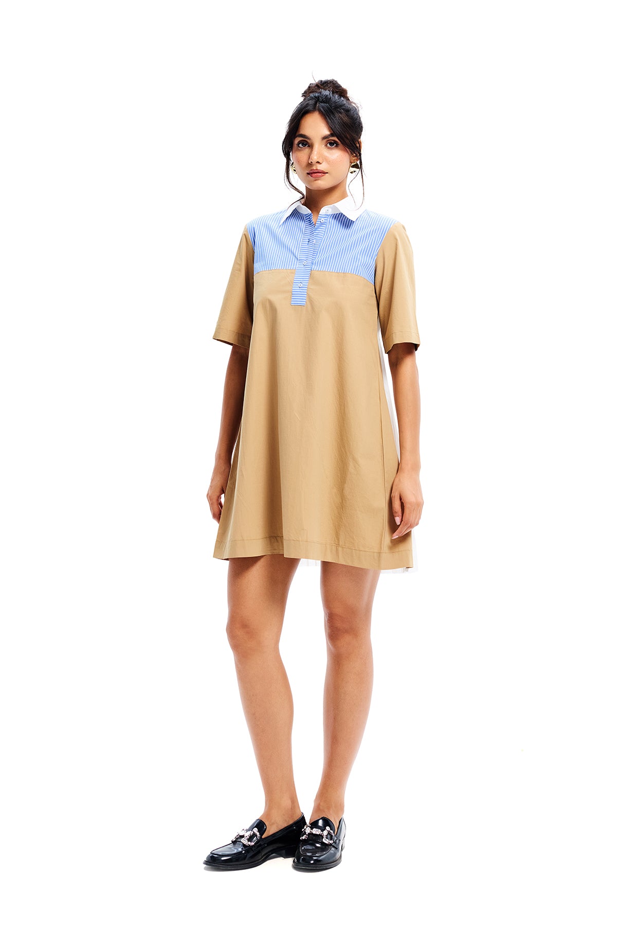 Beige Cotton Accordian Pleat Collared Daydress