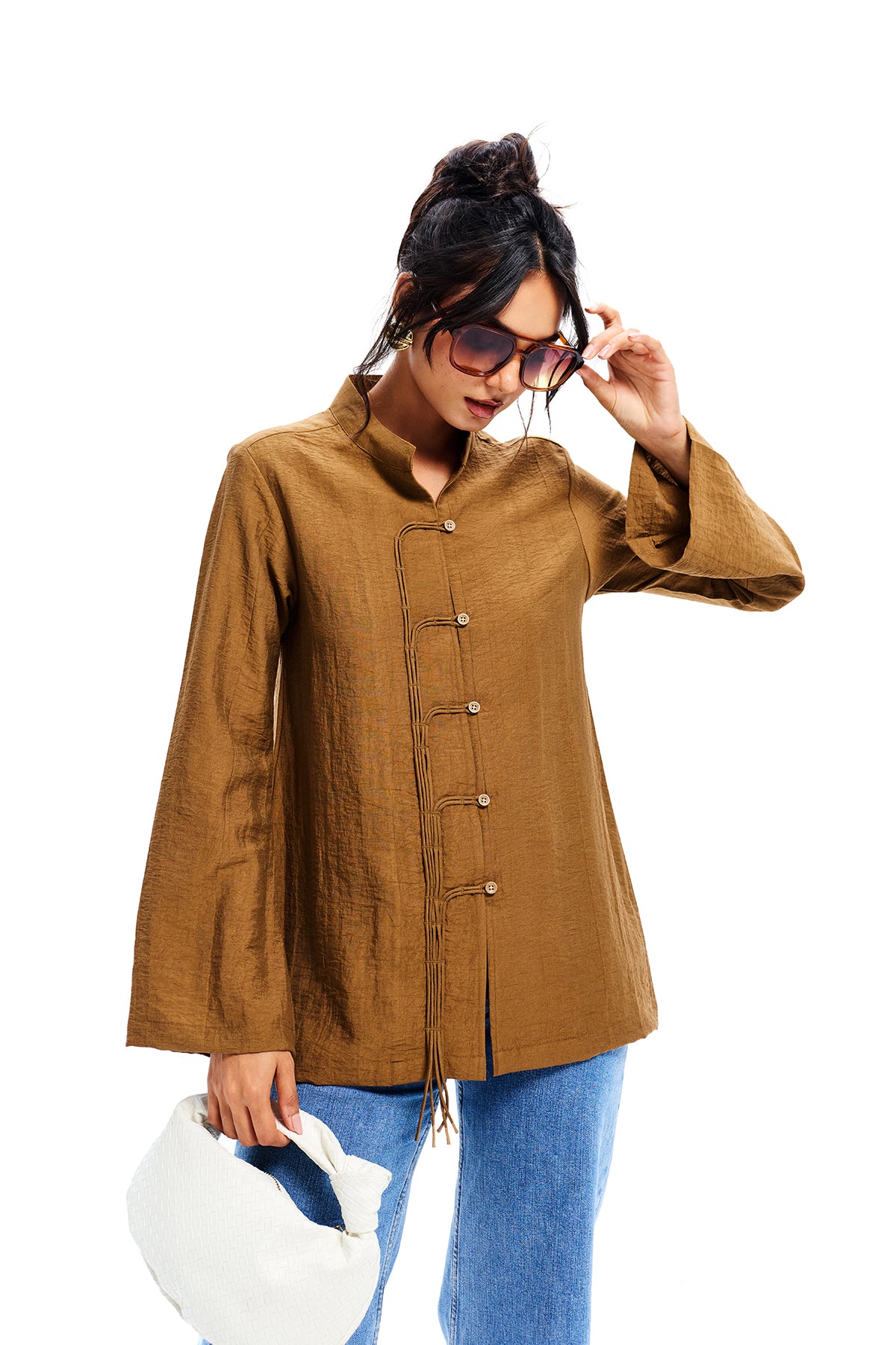 Brown Cotton Frog Button Shirt