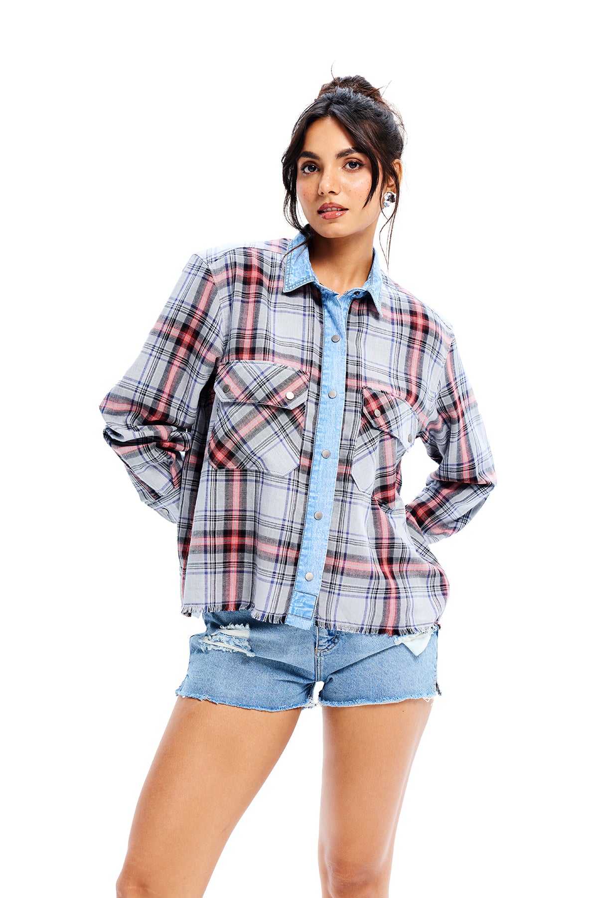 Grey Cotton Flannel Denim Detailed Shirt