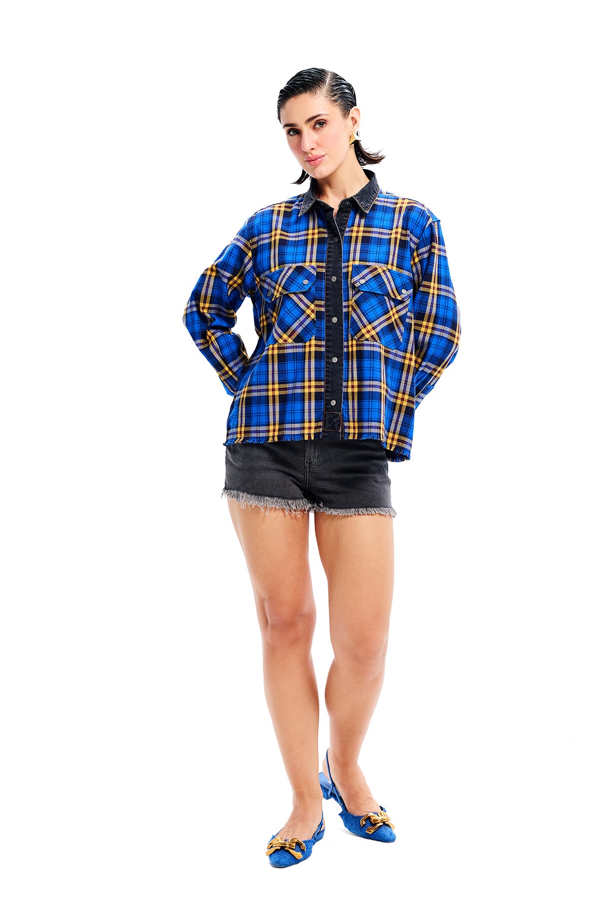 Blue Cotton Flannel Denim Detailed Shirt