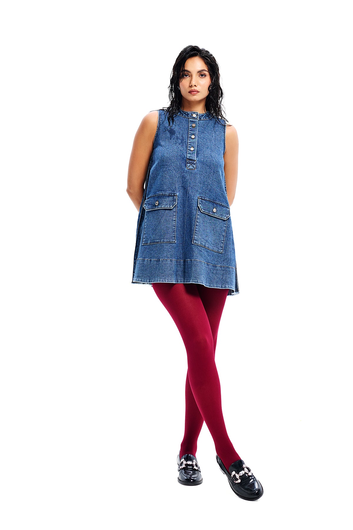 Light Wash Denim Accordian Pleat Sleeveless Dress