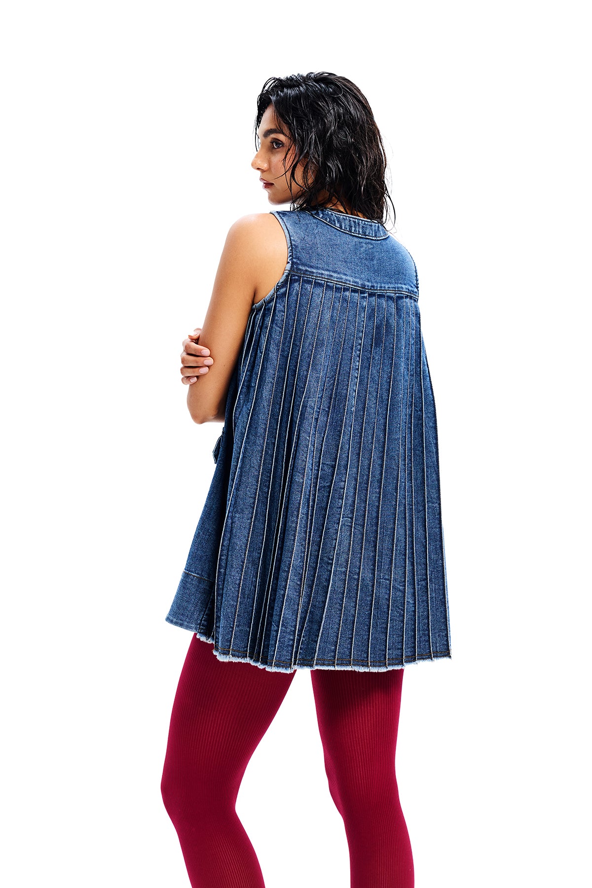 Light Wash Denim Accordian Pleat Sleeveless Dress