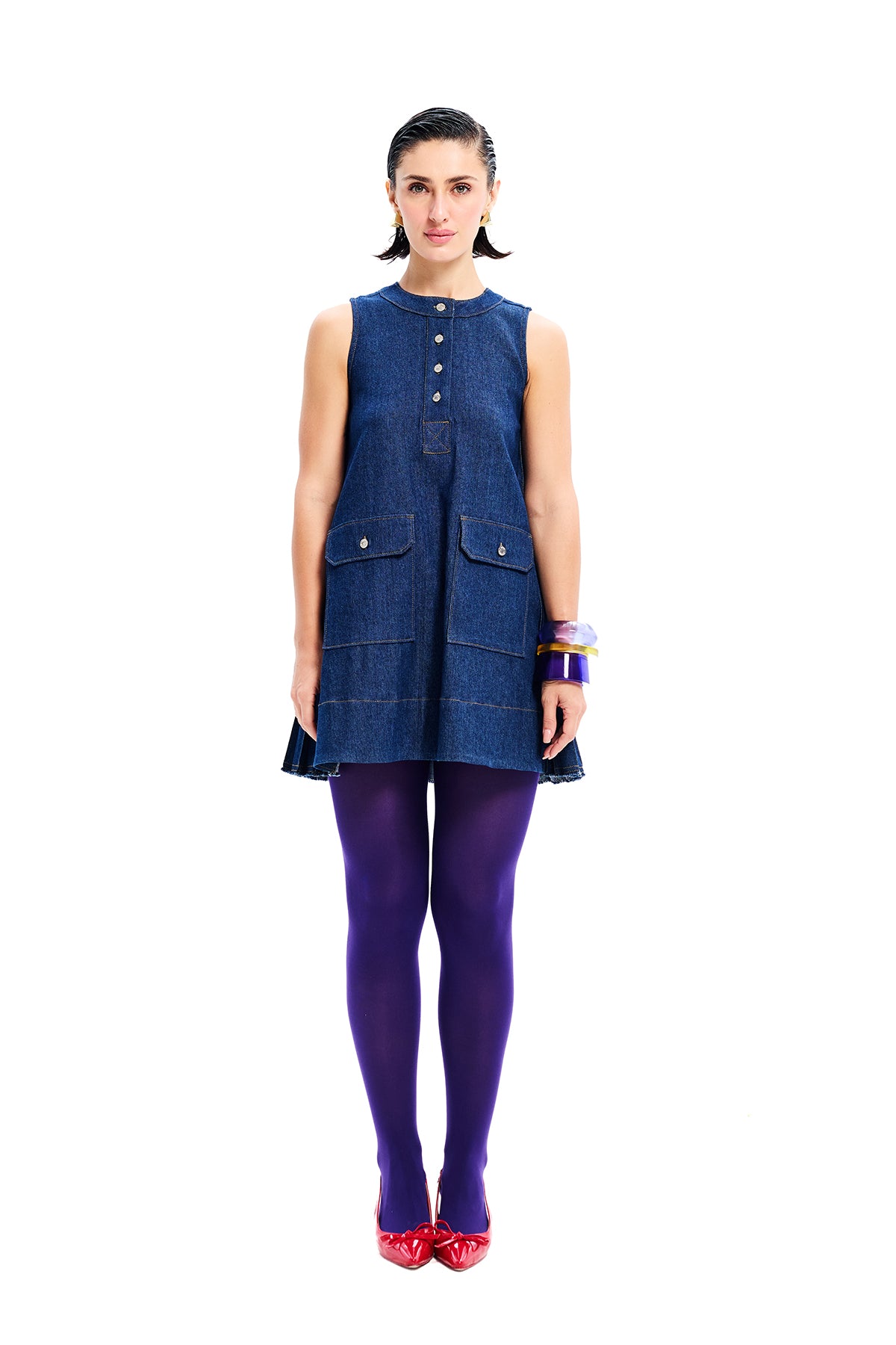 Dark Wash Denim Accordian Pleat Sleeveless Dress