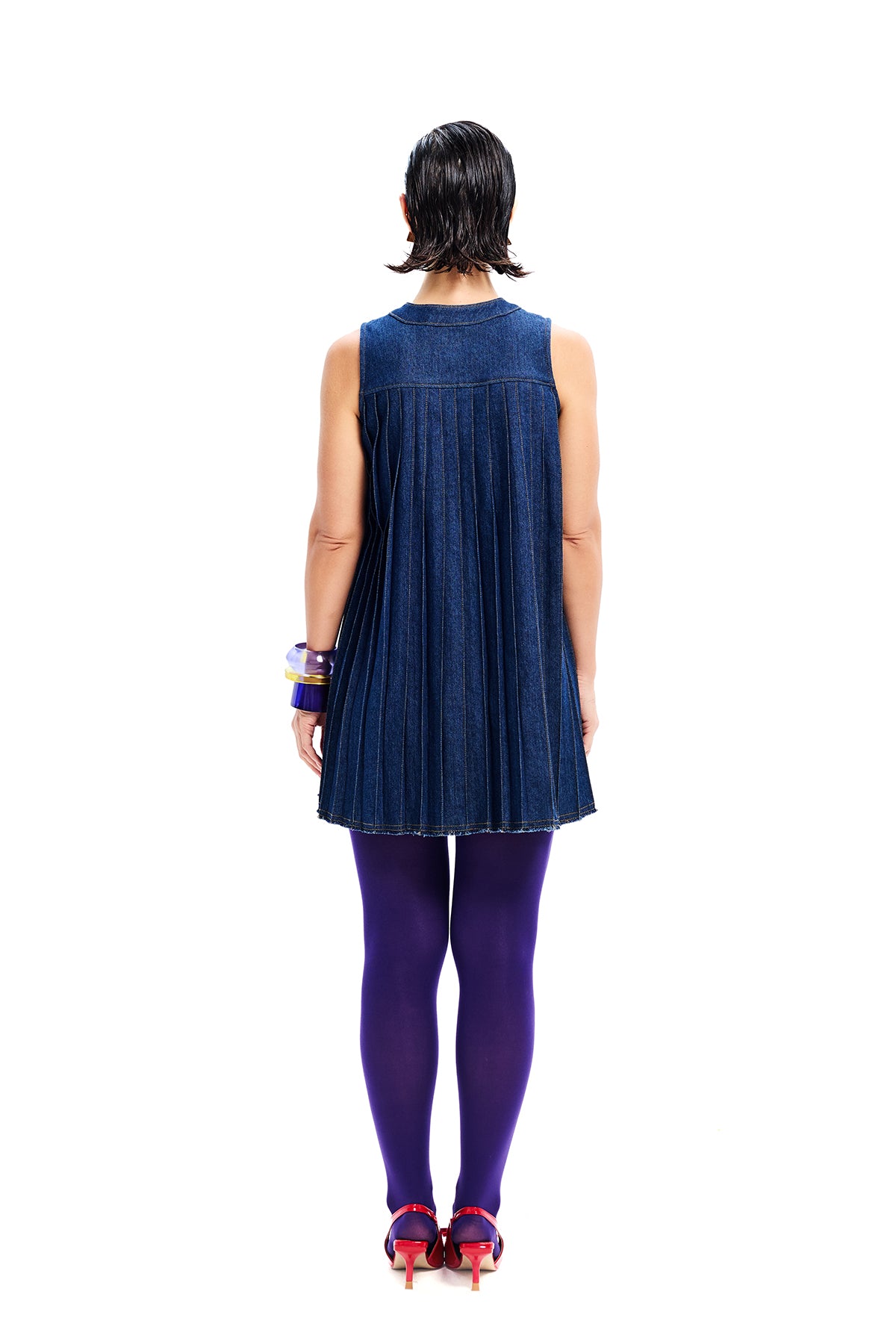 Dark Wash Denim Accordian Pleat Sleeveless Dress