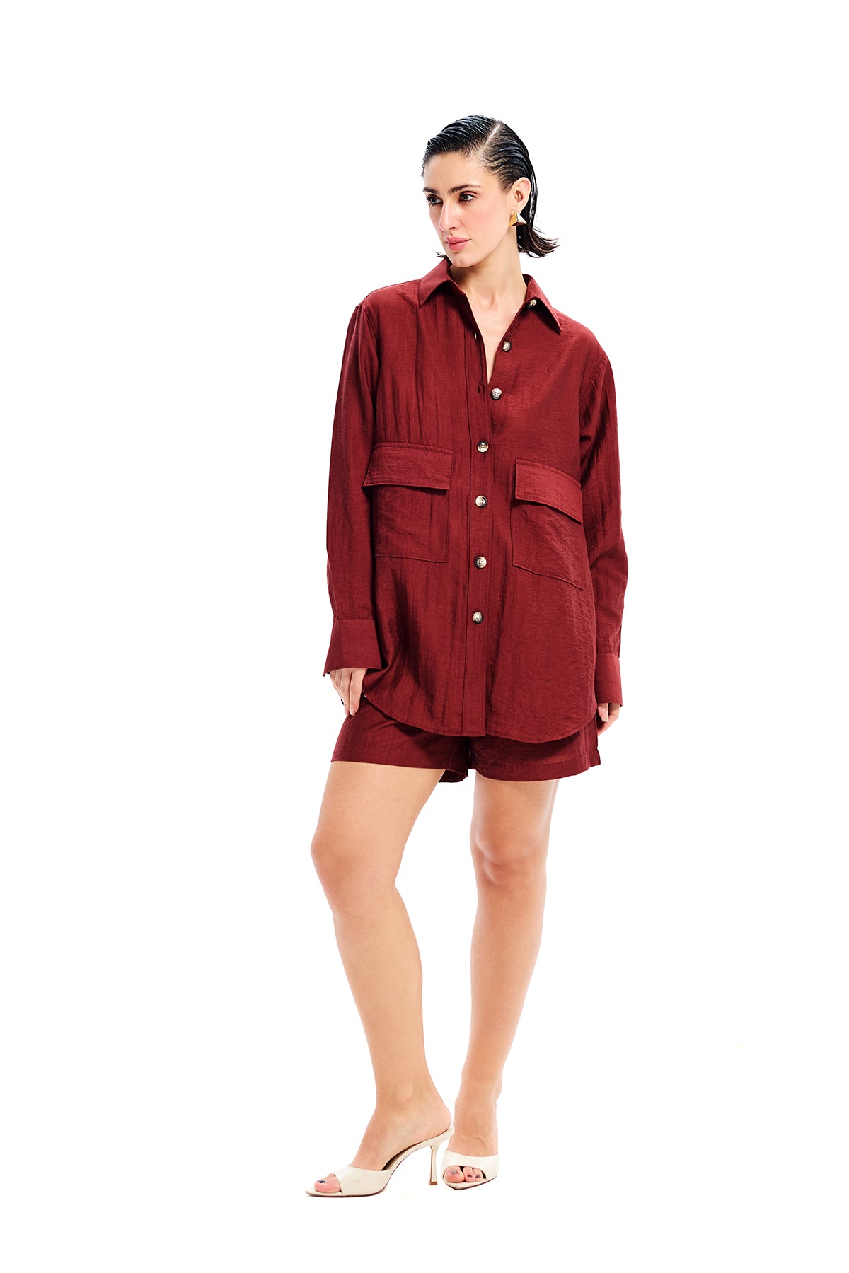 Maroon Cotton Longline Oversized Shirt