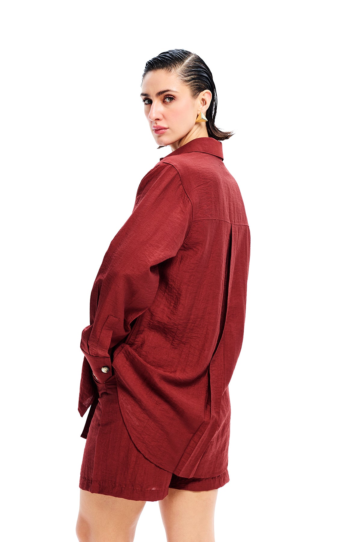 Maroon Cotton Longline Oversized Shirt