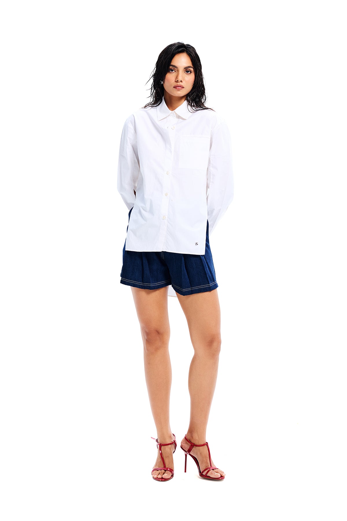White Poplin High Low Cascade Shirt