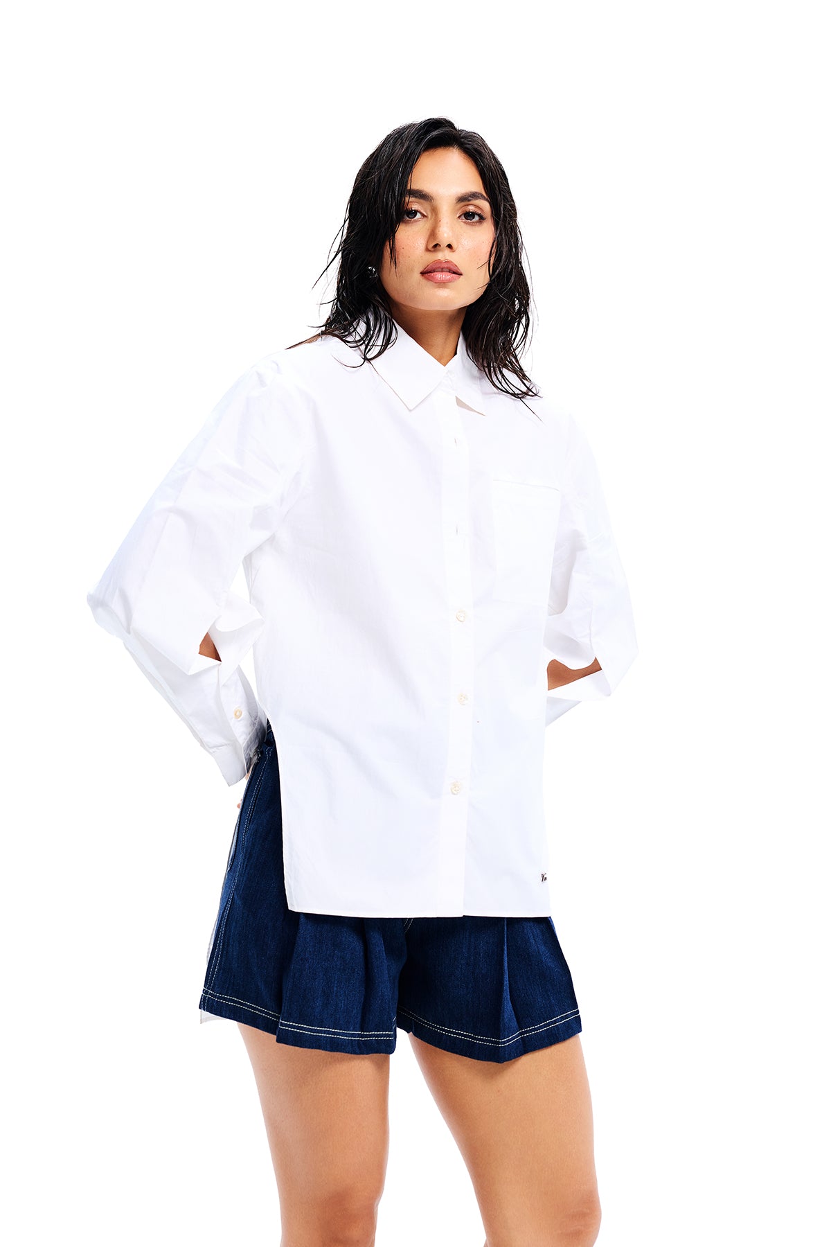 White Poplin High Low Cascade Shirt