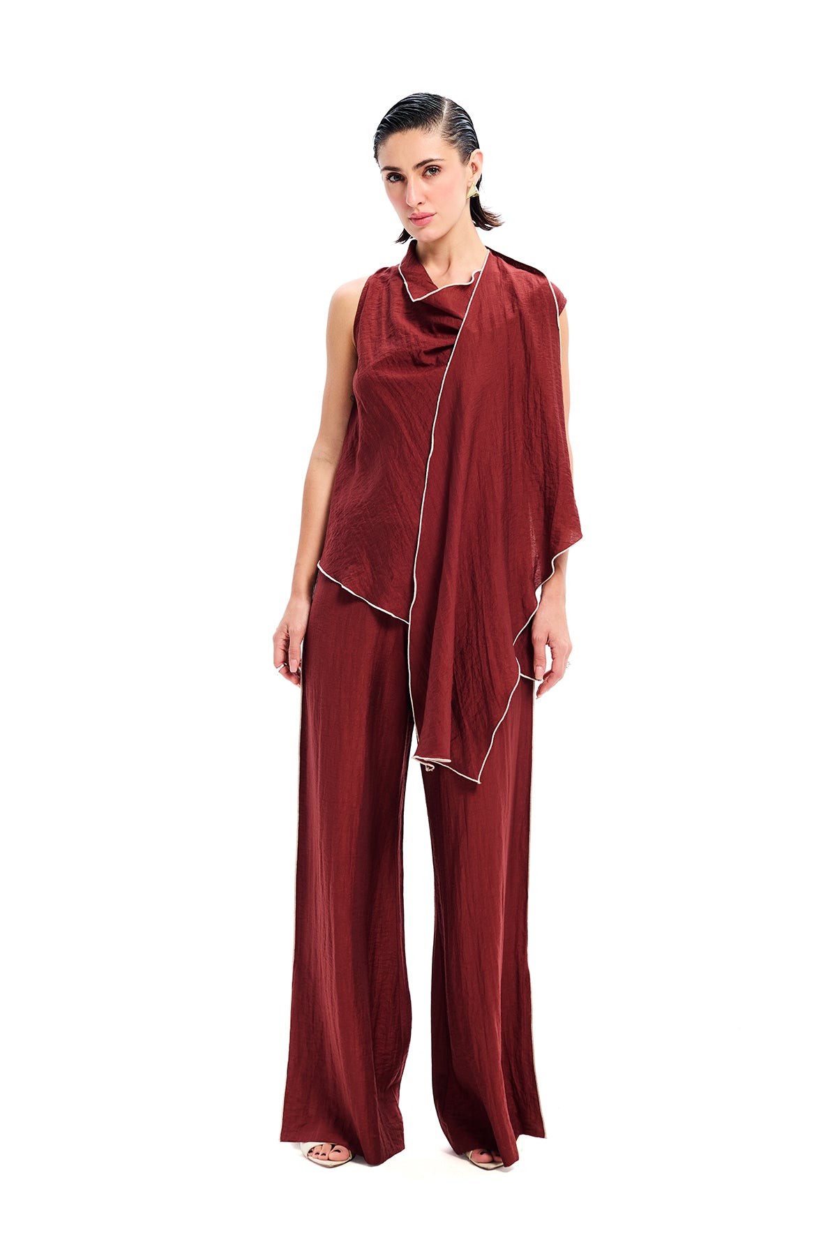 Maroon Draped Scarf Neck Top