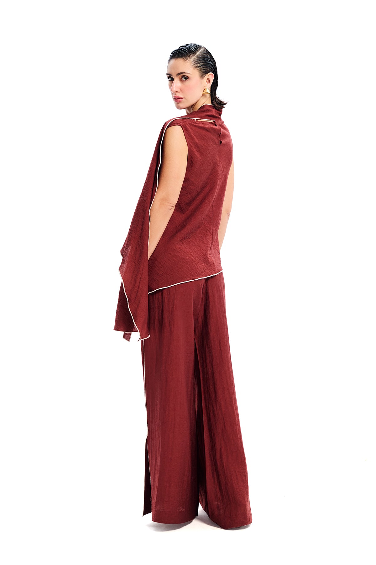 Maroon Draped Scarf Neck Top