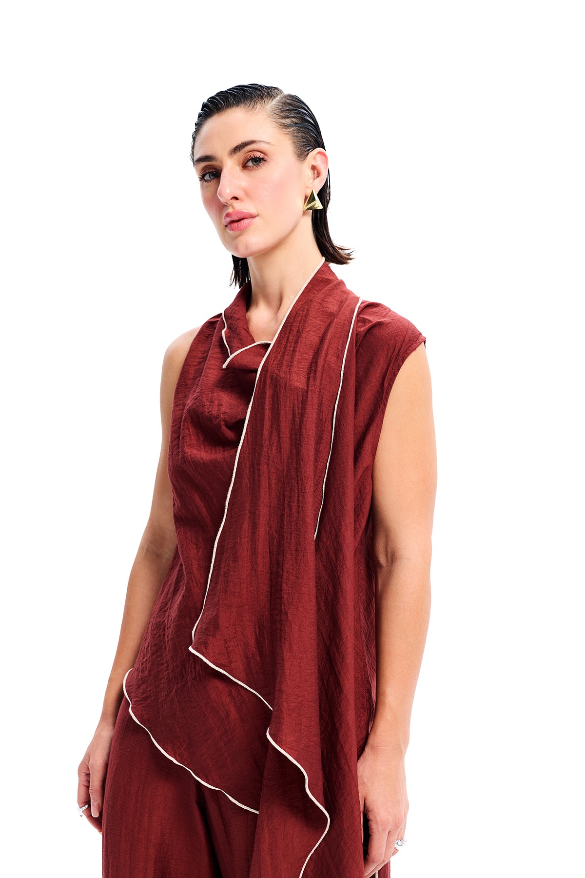 Maroon Draped Scarf Neck Top