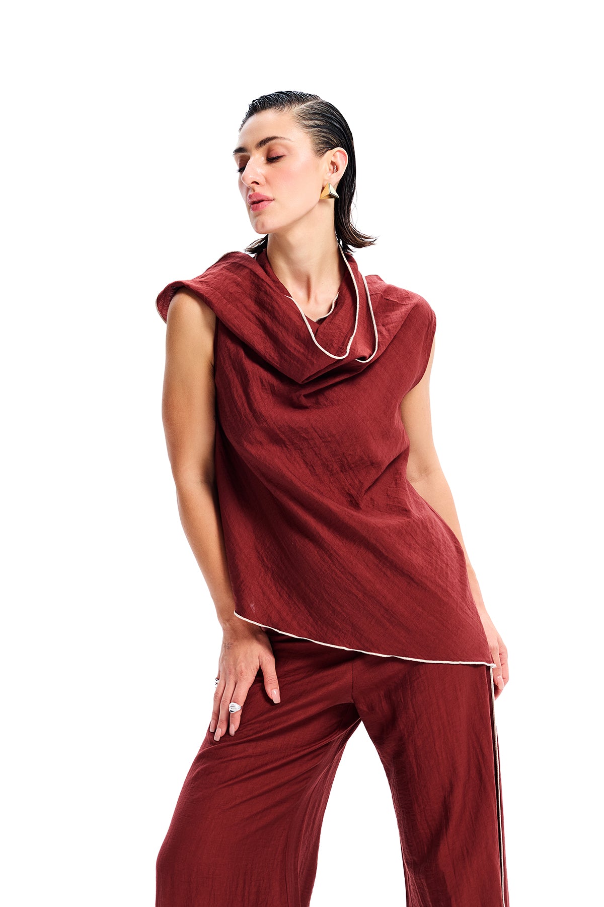 Maroon Draped Scarf Neck Top