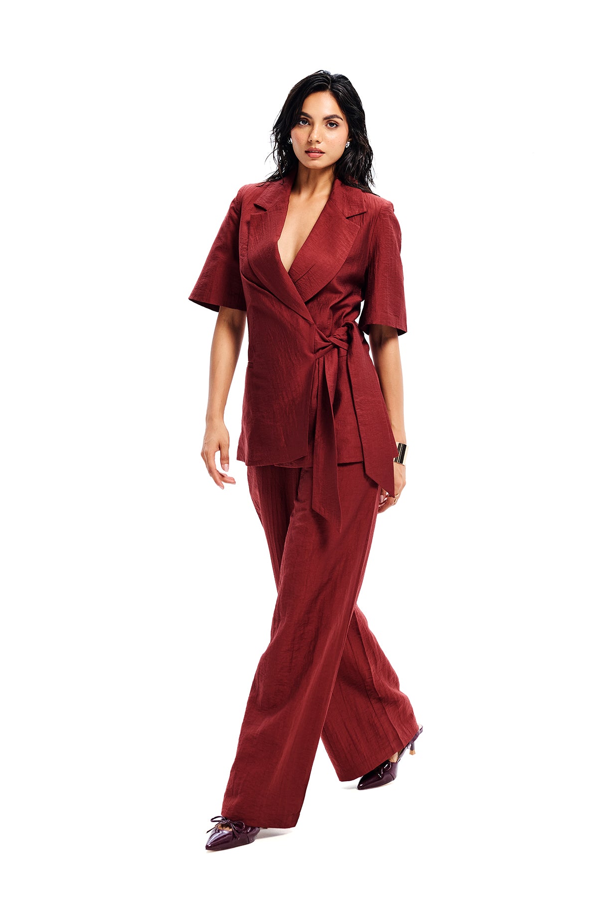 Maroon Tie Waist Blazer