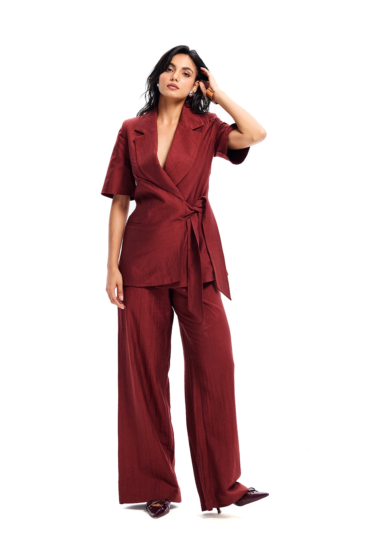 Maroon Tie Waist Blazer