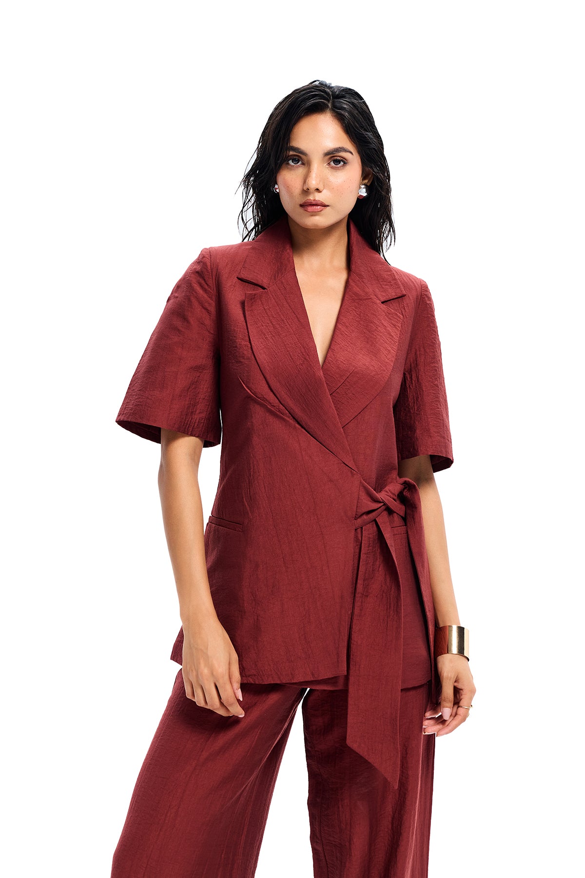 Maroon Tie Waist Blazer