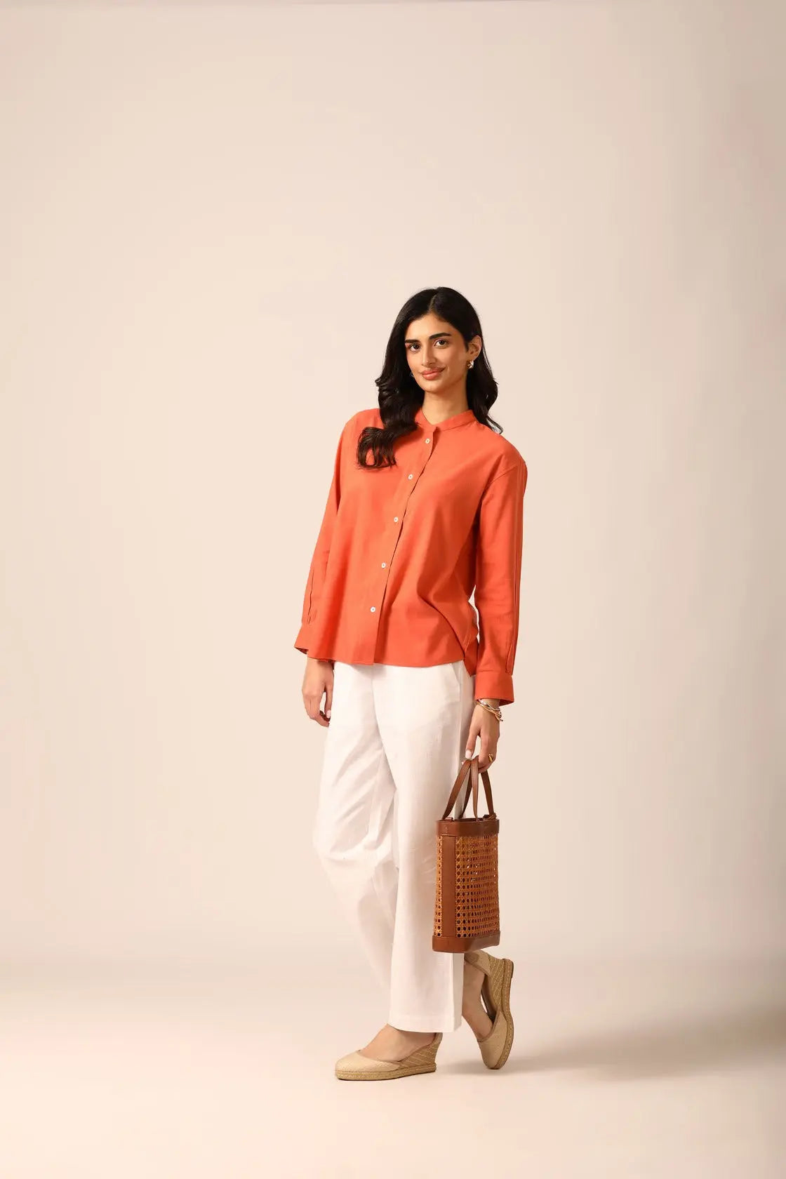Elm Chinese Collar Linen Shirt in Apricot - IZGGI