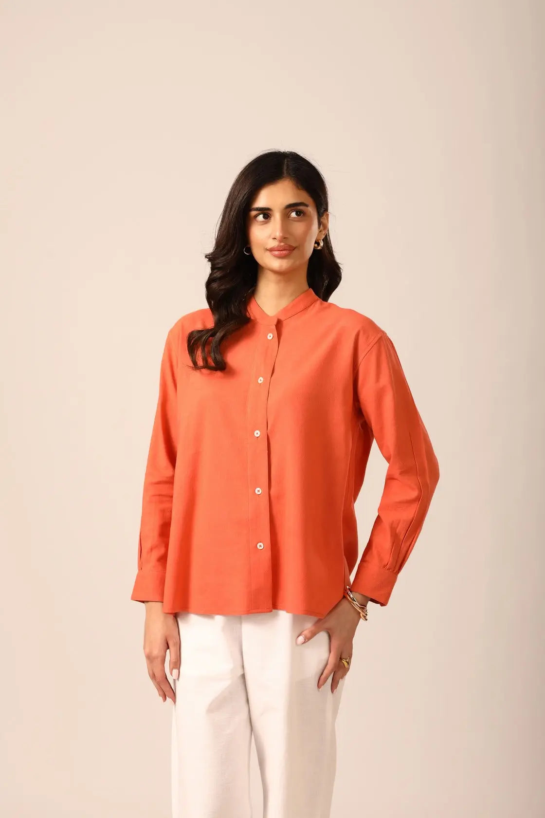 Elm Chinese Collar Linen Shirt in Apricot - IZGGI