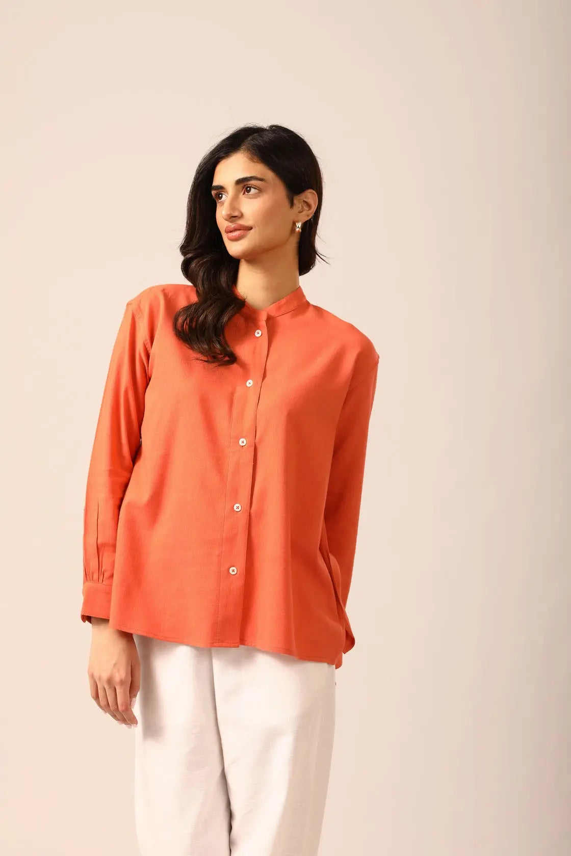 Elm Chinese Collar Linen Shirt in Apricot - IZGGI