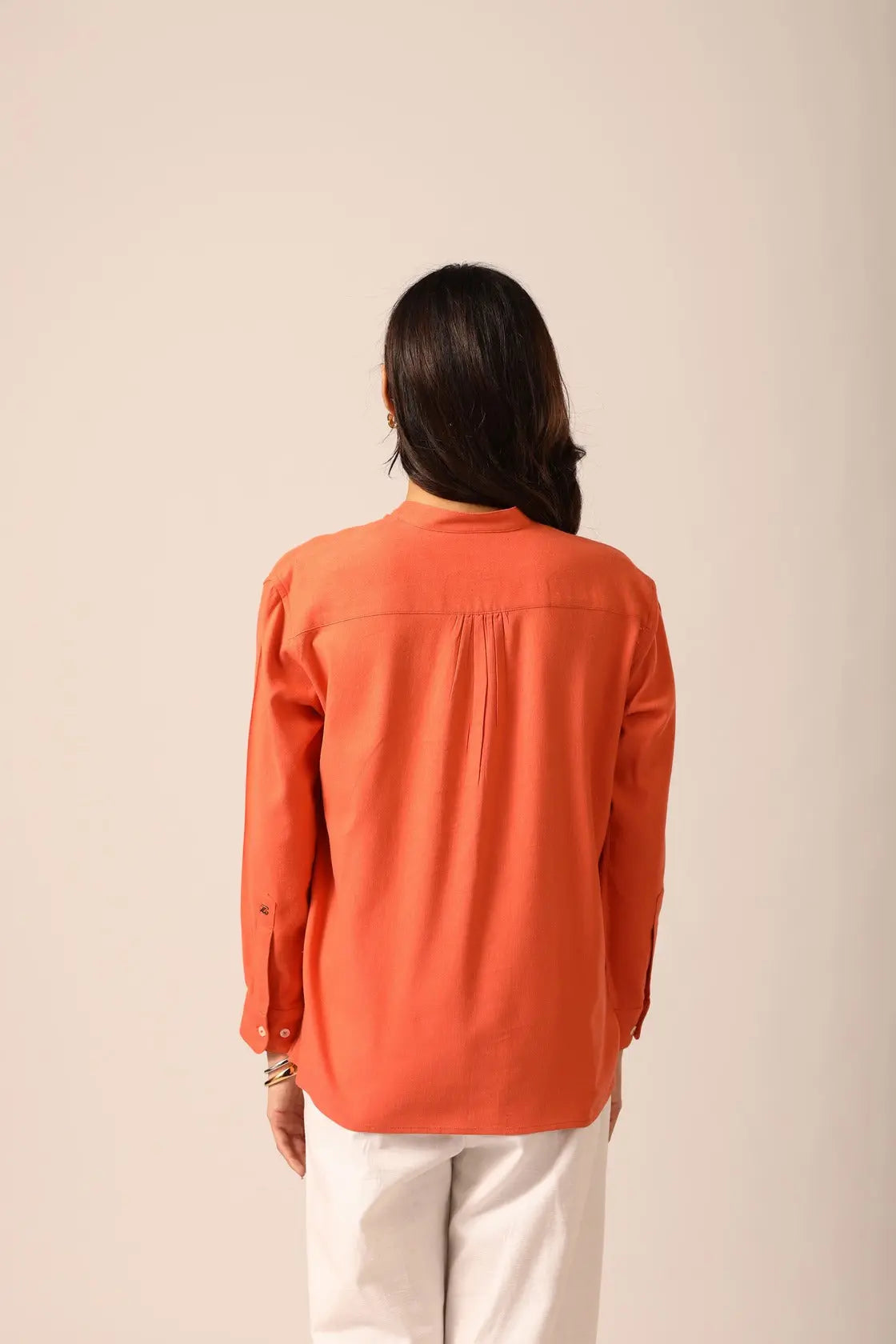 Elm Chinese Collar Linen Shirt in Apricot - IZGGI