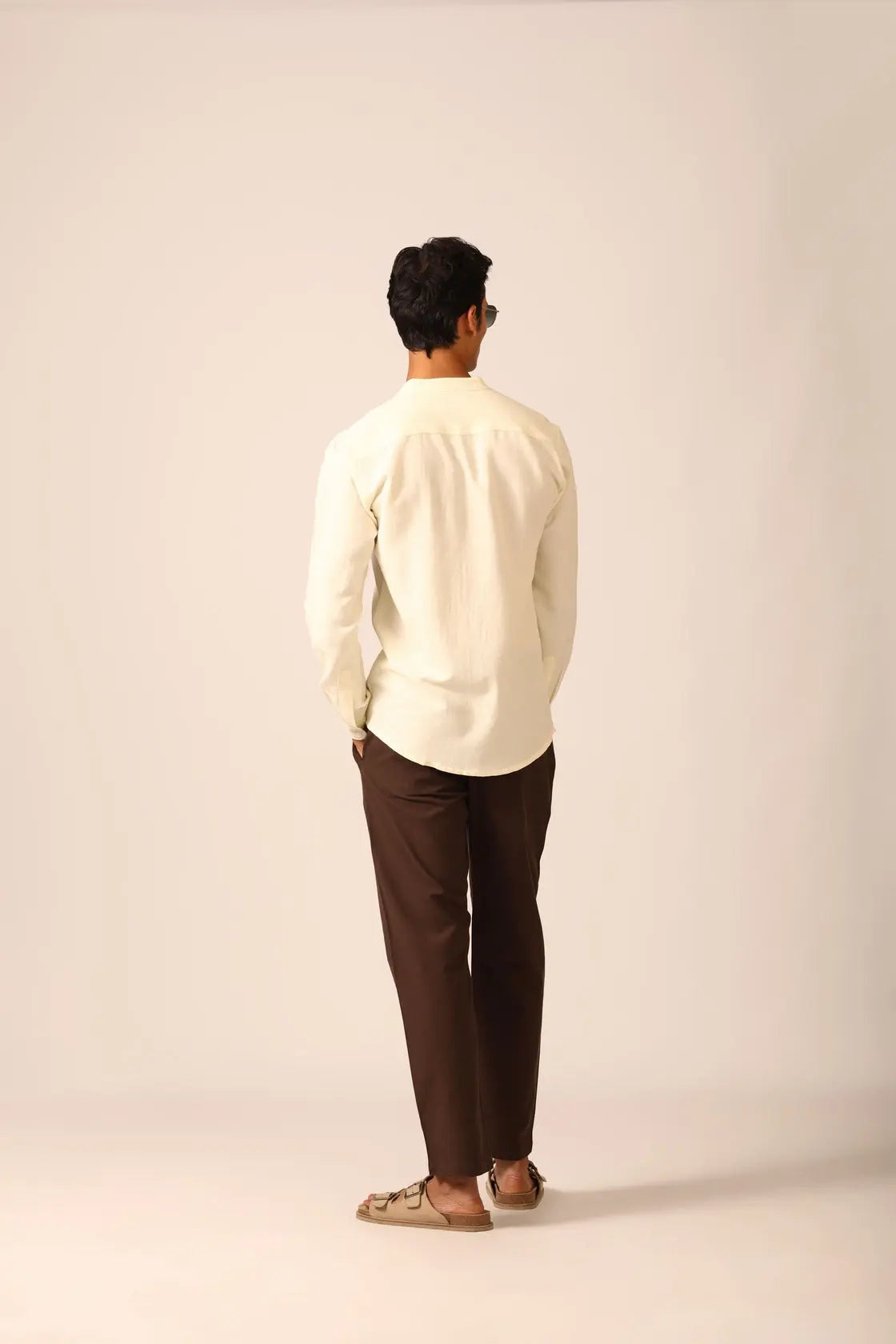 Chinese Collar Linen Shirt in Vanilla - IZGGI