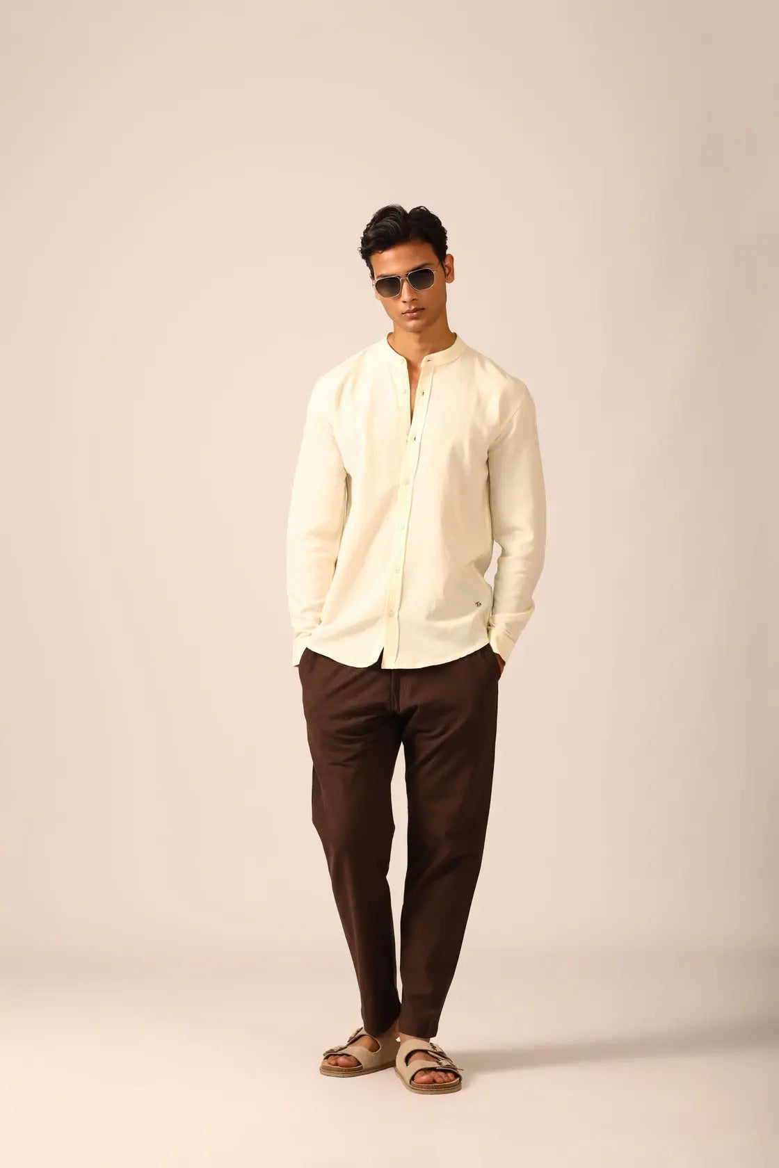 Chinese Collar Linen Shirt in Vanilla - IZGGI