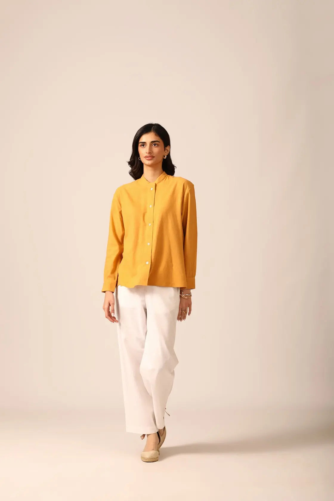 Elm Chinese Collar Linen Shirt in Mango - IZGGI