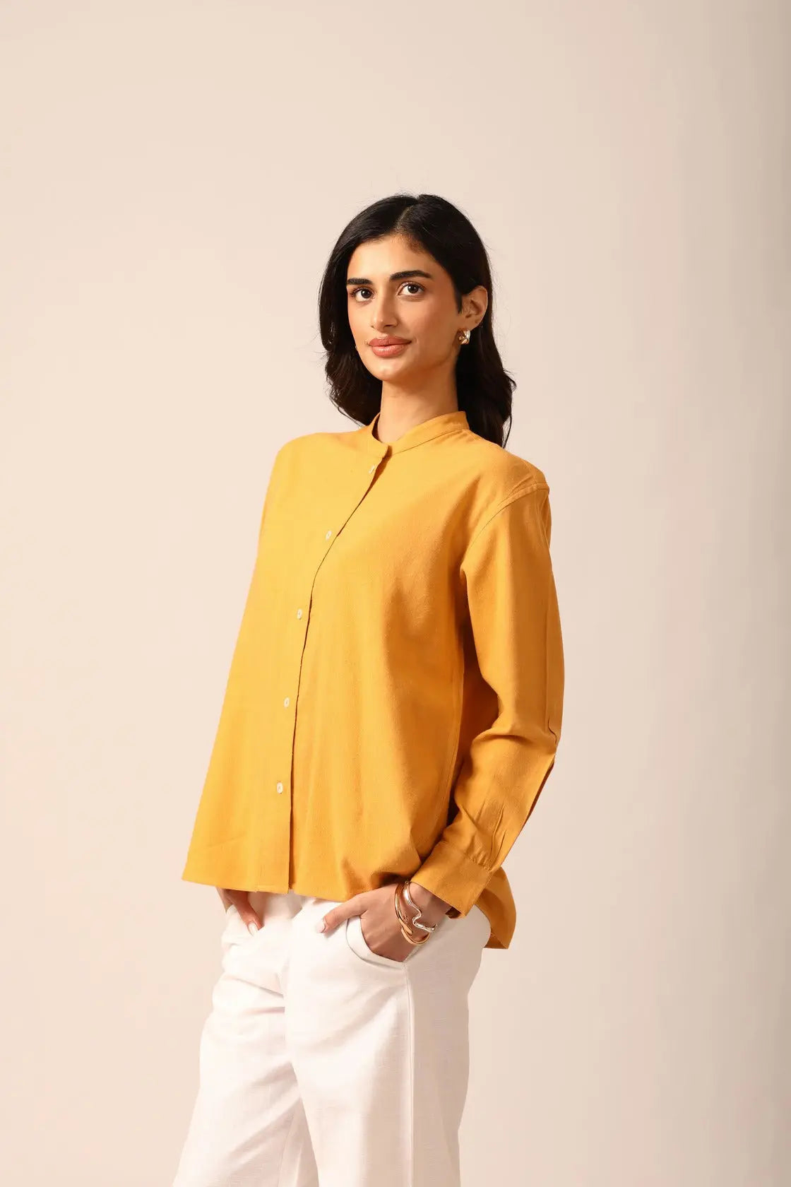 Elm Chinese Collar Linen Shirt in Mango - IZGGI