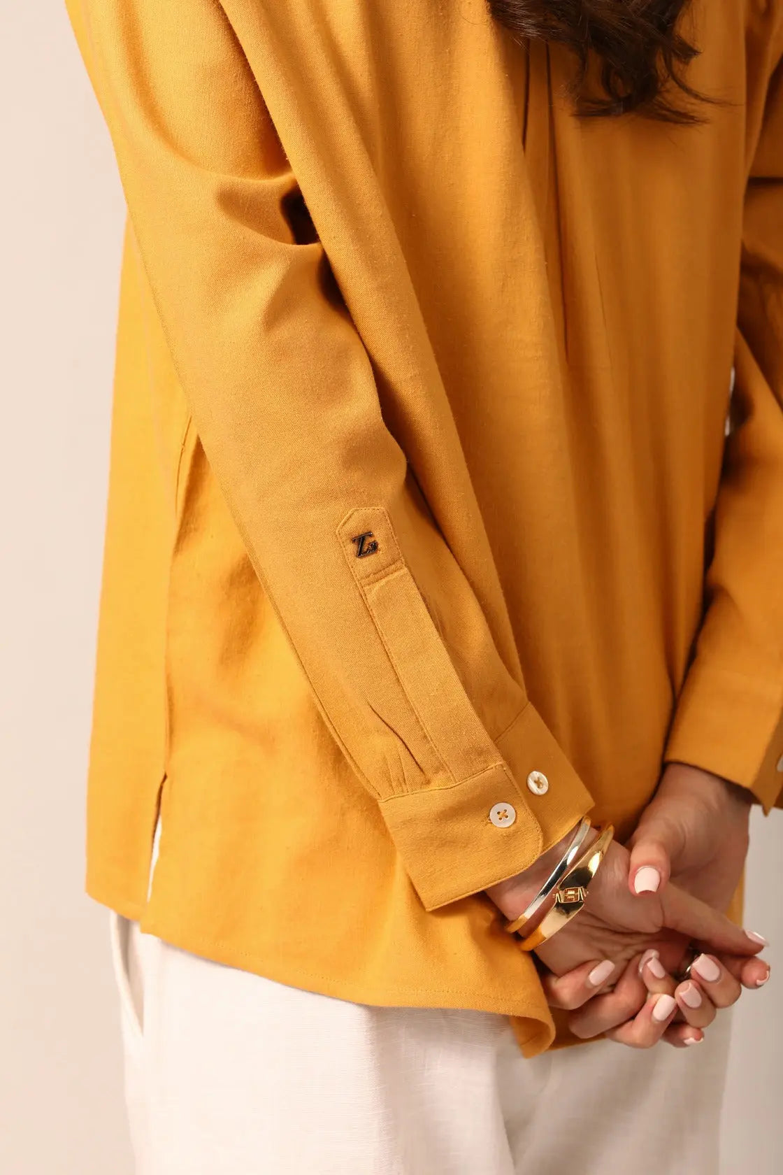 Elm Chinese Collar Linen Shirt in Mango - IZGGI