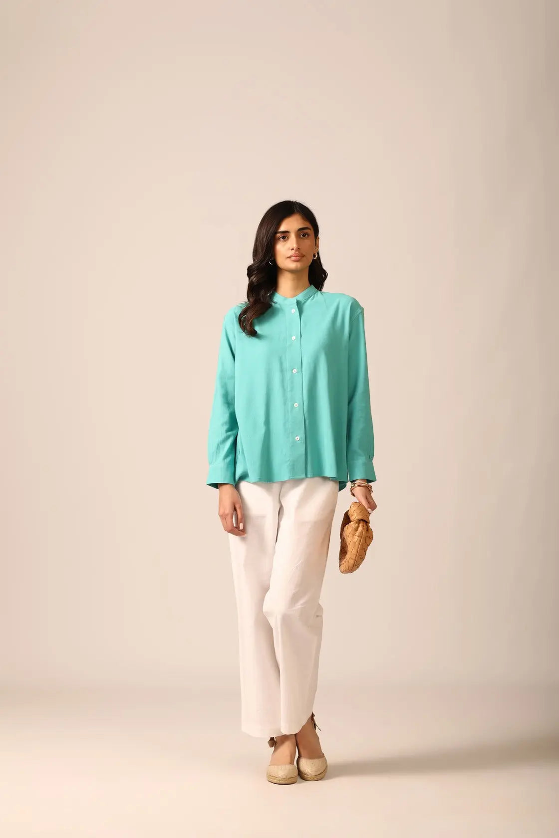 Elm Chinese Collar Linen Shirt in Lagoon - IZGGI