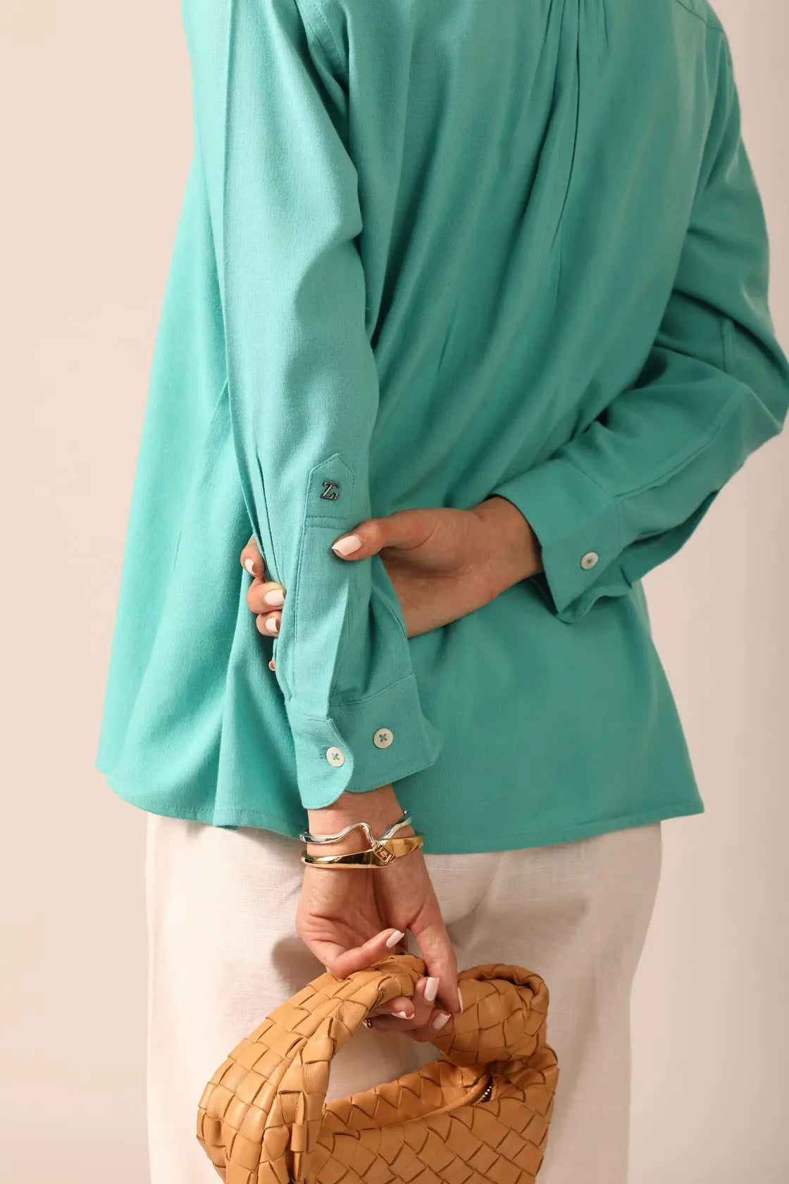 Elm Chinese Collar Linen Shirt in Lagoon - IZGGI