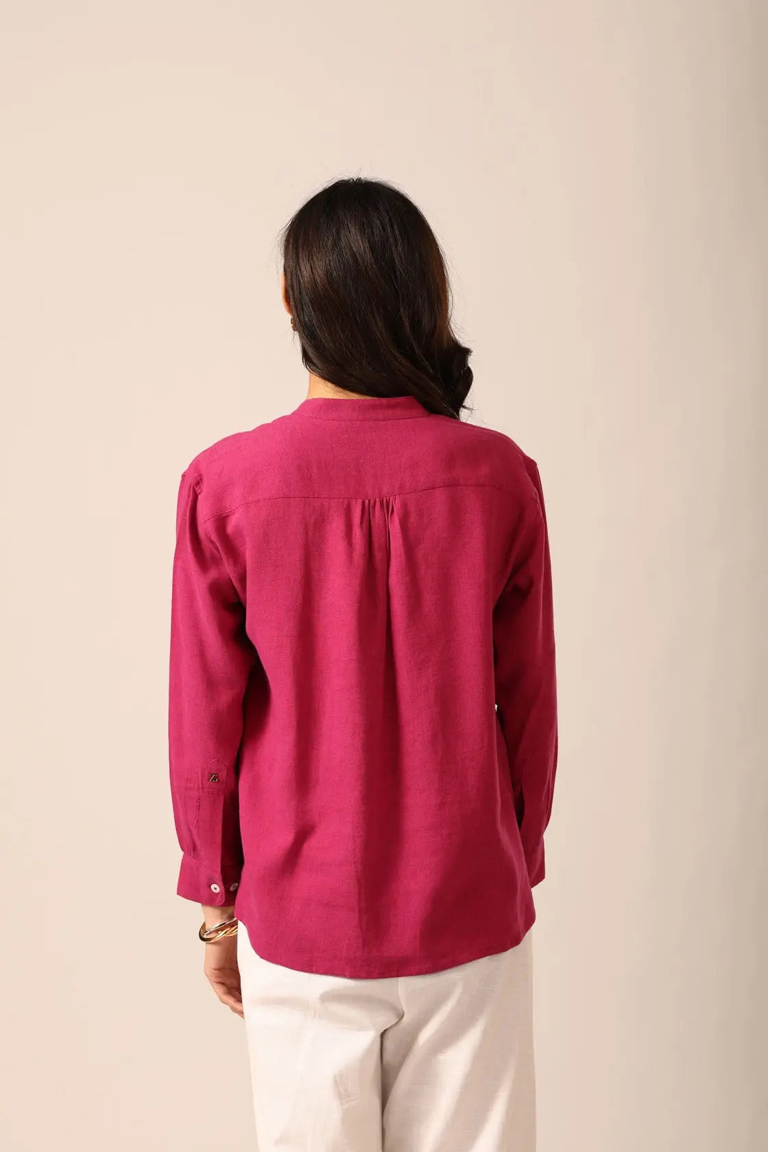 Elm Chinese Collar Linen Shirt in Berry - IZGGI