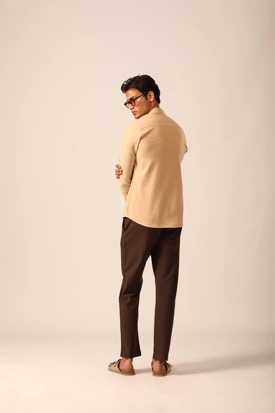 Chinese Collar Linen Shirt in Flesh - IZGGI