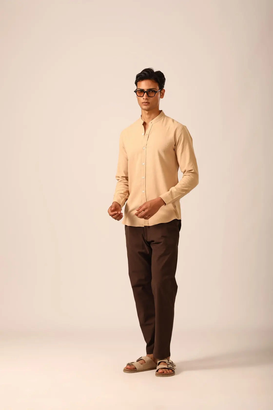 Chinese Collar Linen Shirt in Flesh - IZGGI