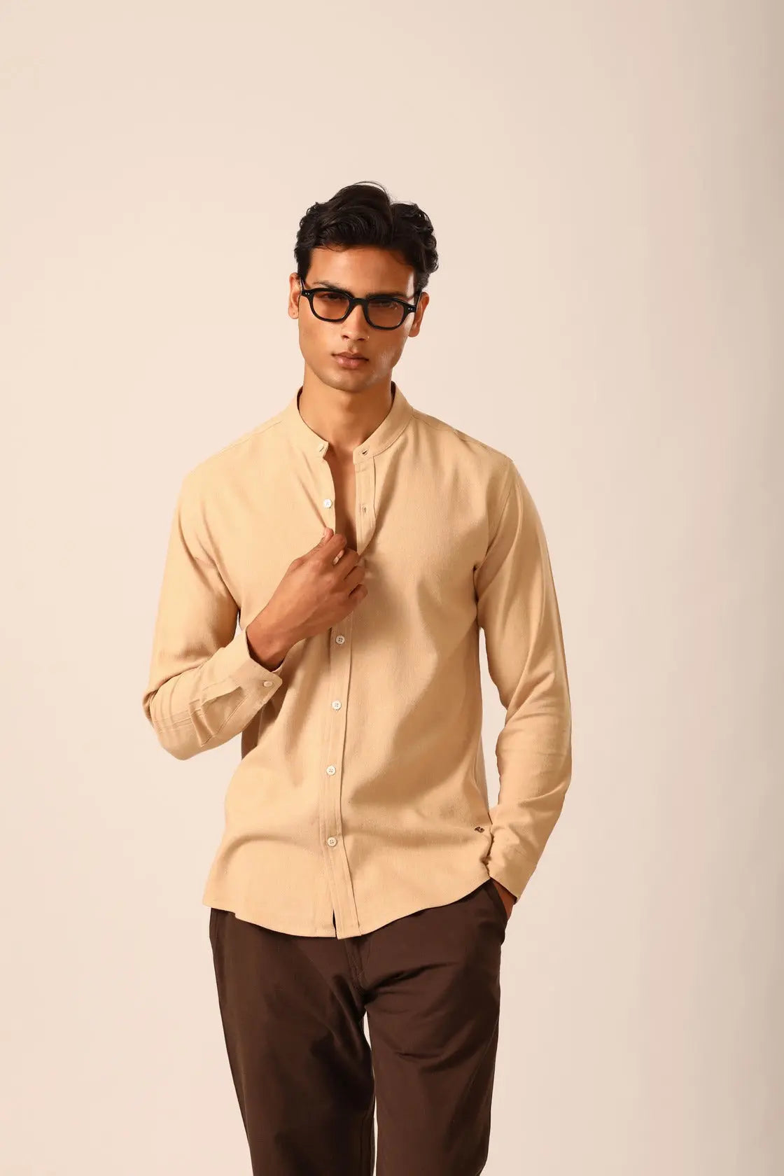 Chinese Collar Linen Shirt in Flesh - IZGGI