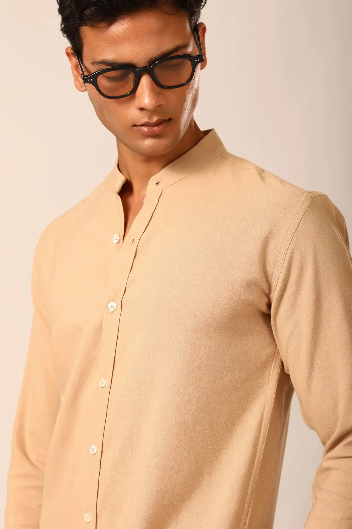 Chinese Collar Linen Shirt in Flesh - IZGGI