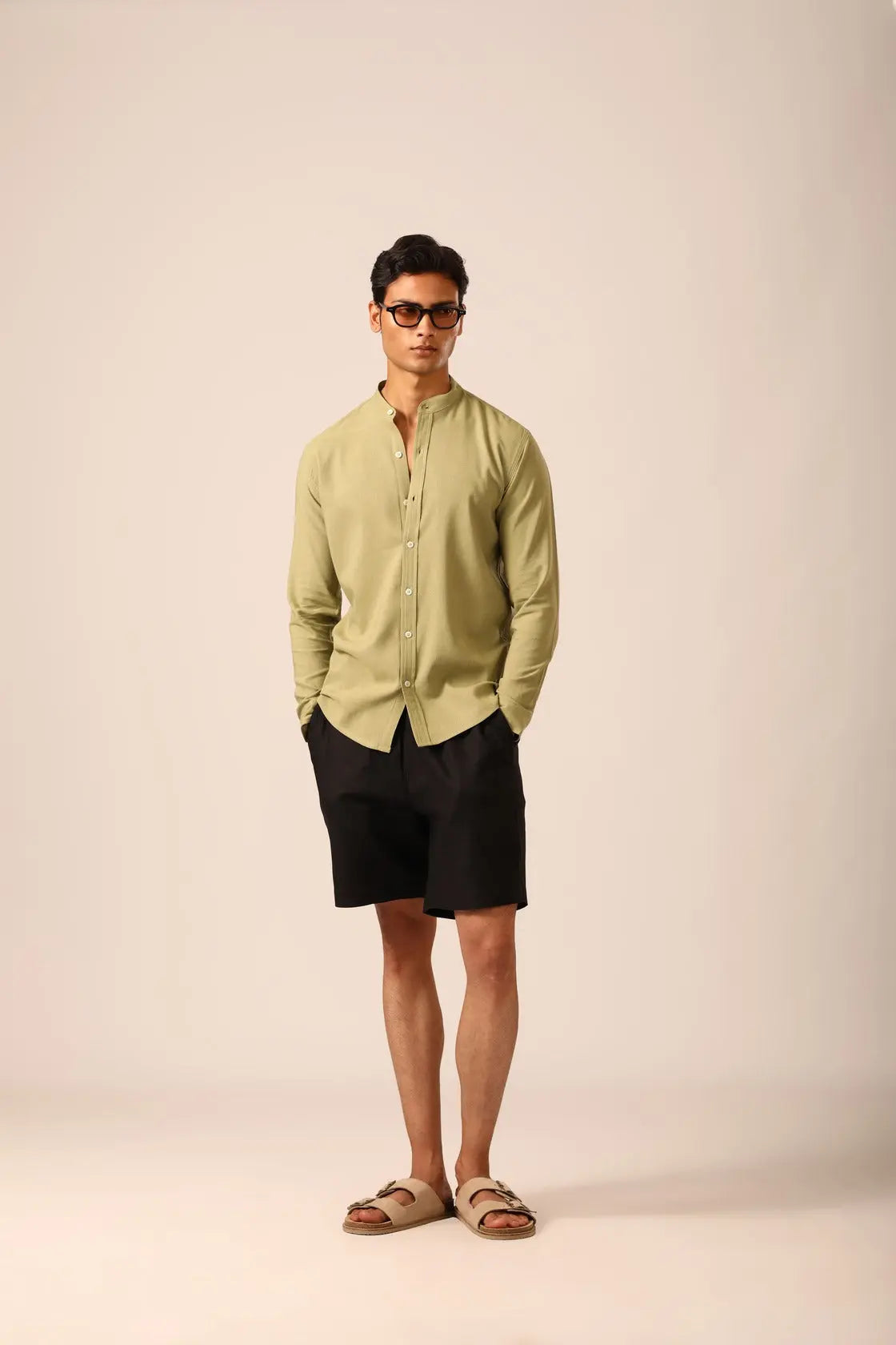 Chinese Collar Linen Shirt in Sage - IZGGI