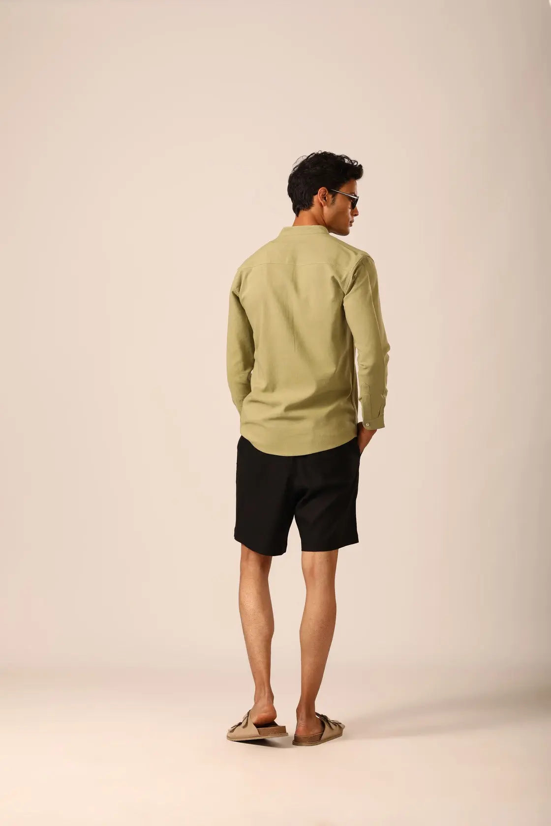 Chinese Collar Linen Shirt in Sage - IZGGI