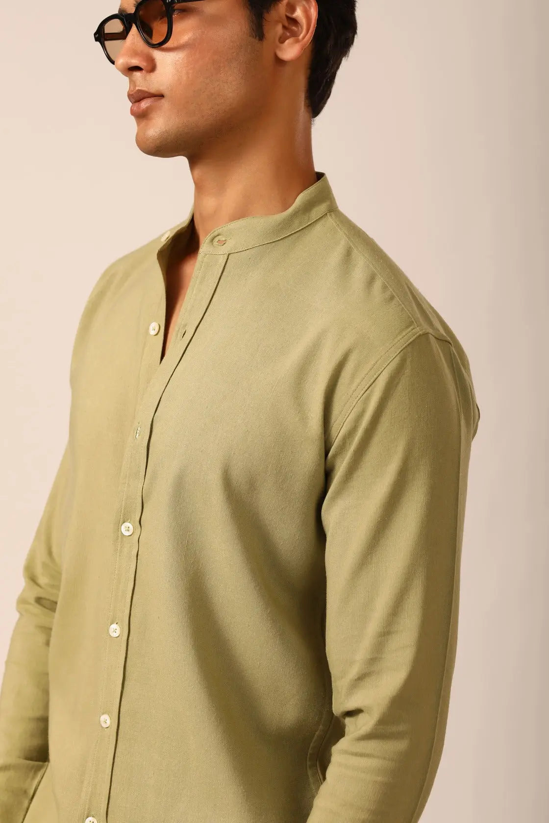 Chinese Collar Linen Shirt in Sage - IZGGI