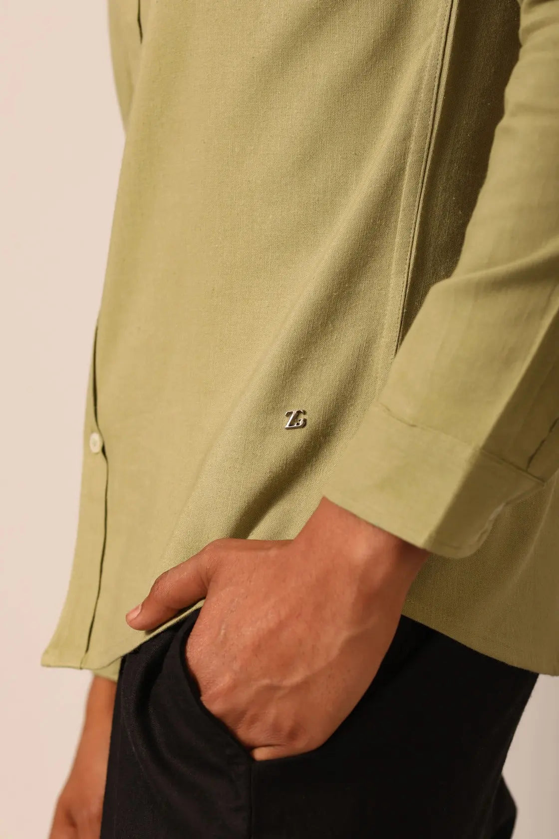 Chinese Collar Linen Shirt in Sage - IZGGI