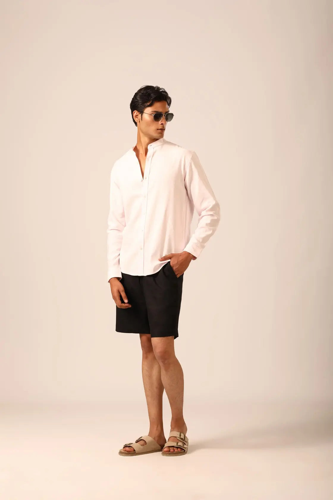 Chinese Collar Linen Shirt in Sakura - IZGGI