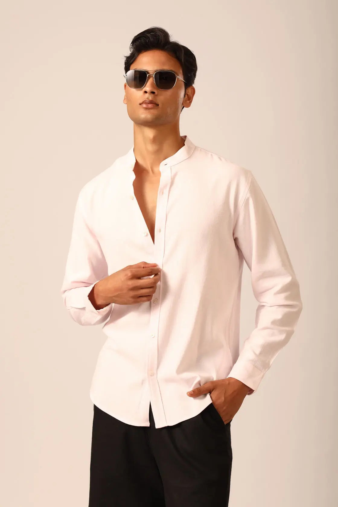 Chinese Collar Linen Shirt in Sakura - IZGGI
