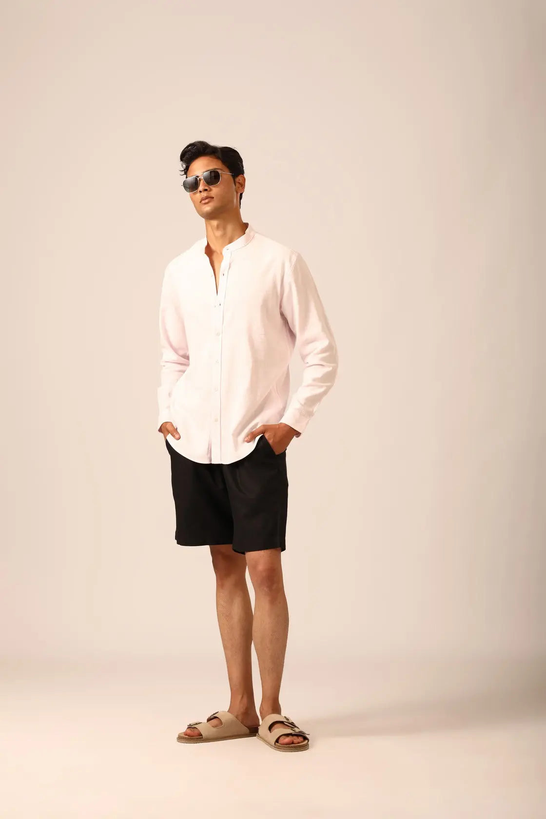 Chinese Collar Linen Shirt in Sakura - IZGGI