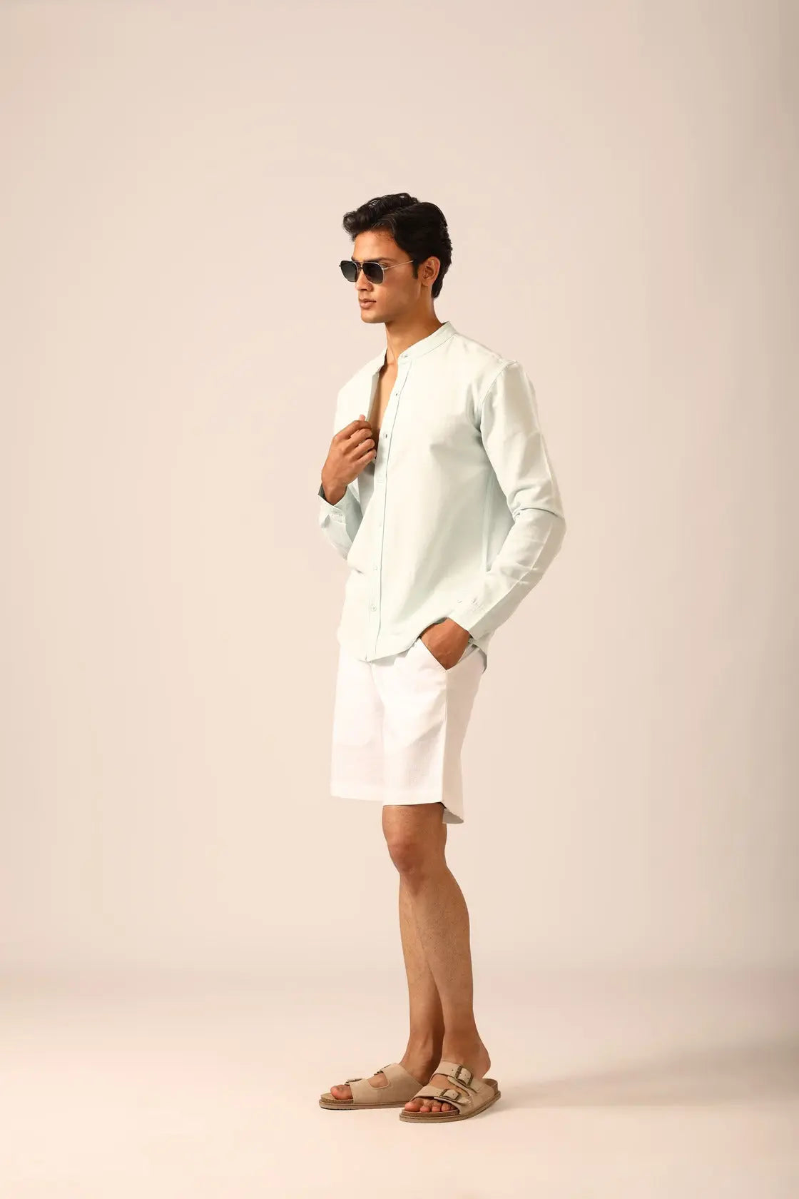Chinese Collar Linen Shirt in Ice Blue - IZGGI
