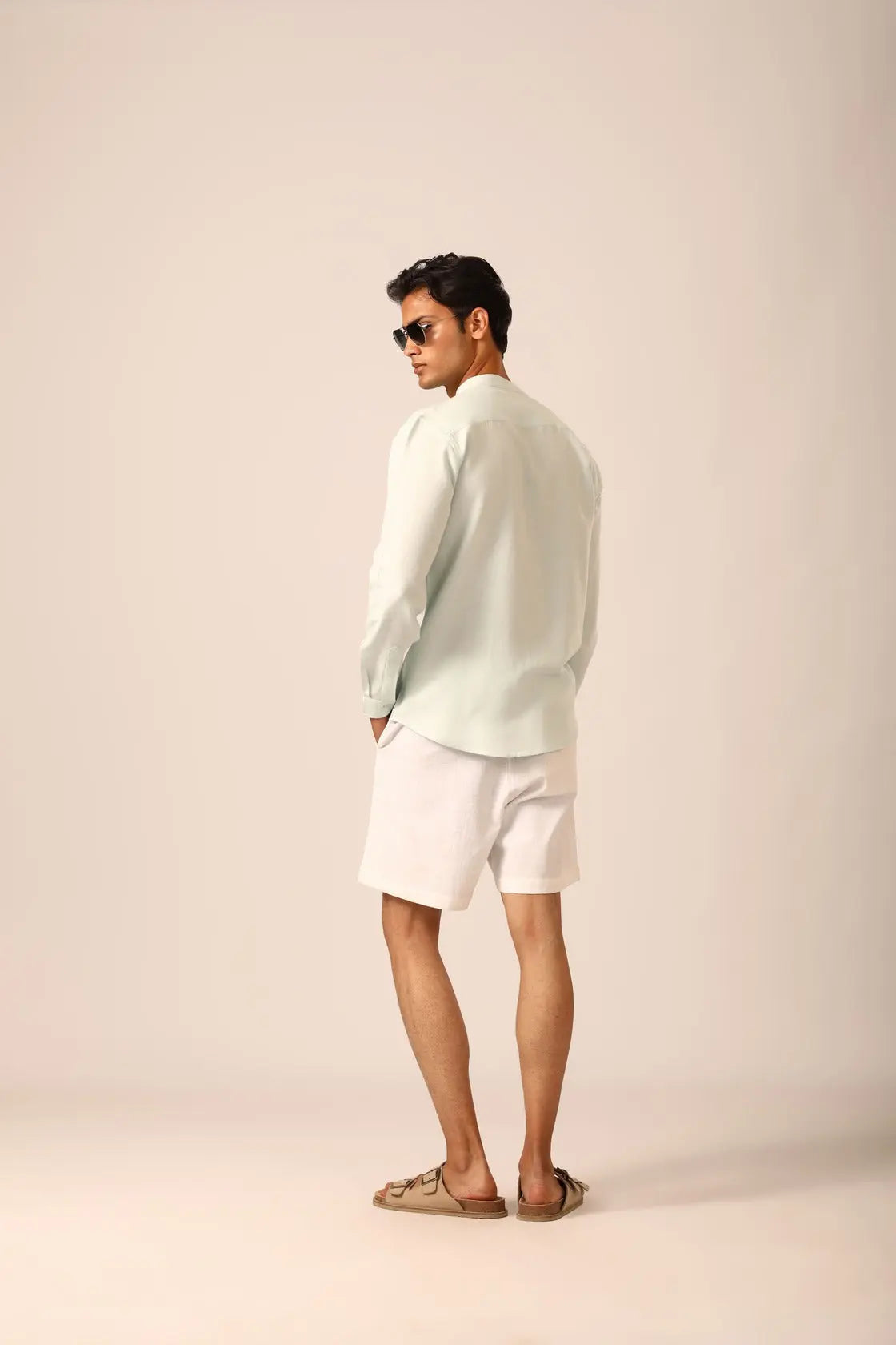Chinese Collar Linen Shirt in Ice Blue - IZGGI